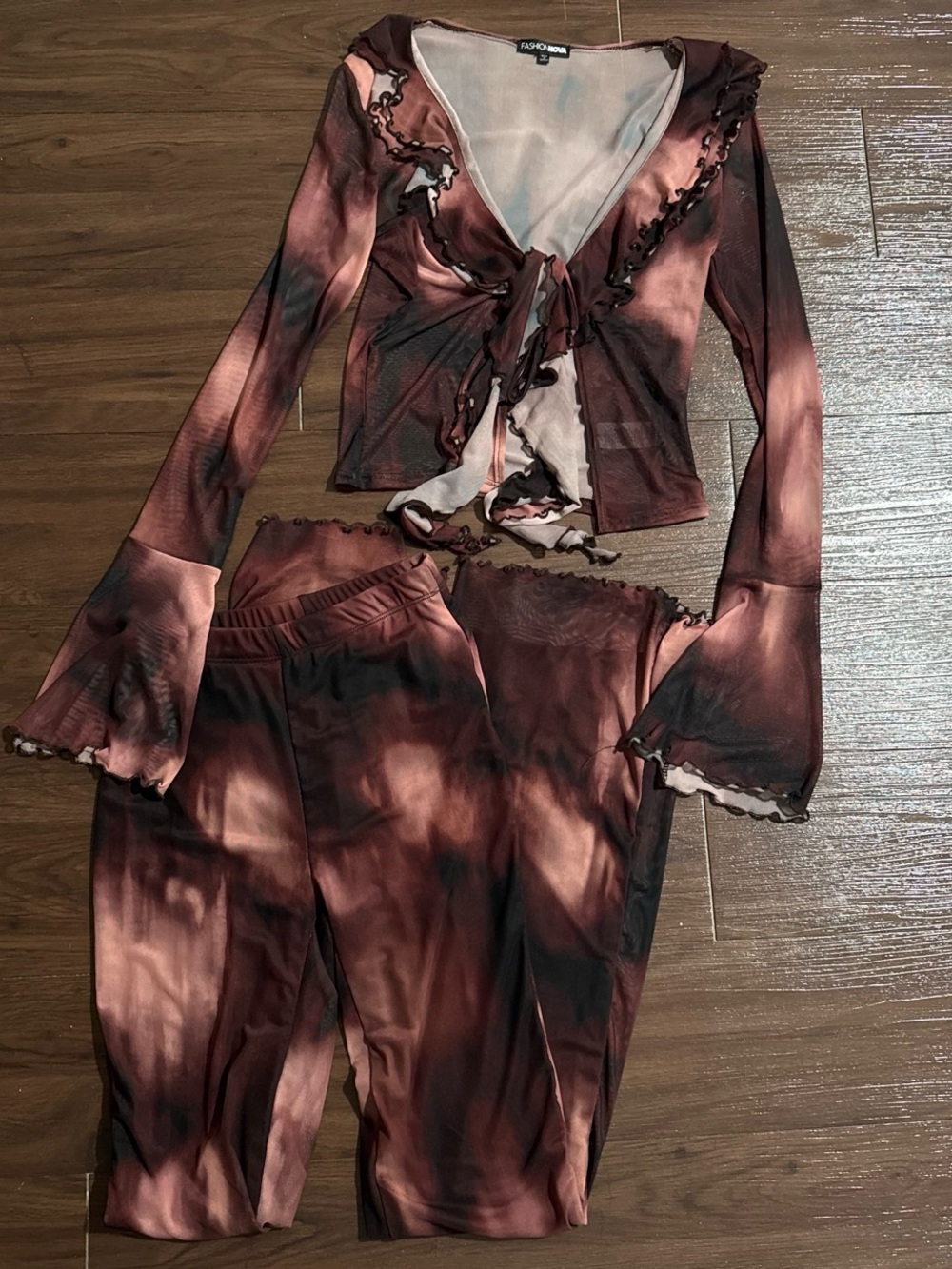 Fashion Nova Brown & Black Tie-Dye Mesh Tie-Front Top and Pants Set